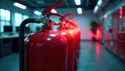 Obraz premium Gas fire suppression system activation in office, close-up view, system, building, office fire safety