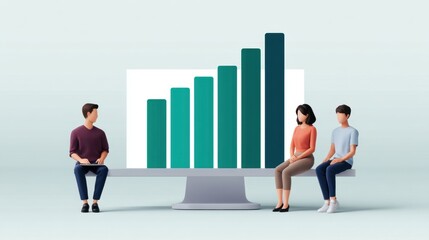 Fototapeta premium People Sitting on Desk with Growth Chart, Modern Office Design, Data Analysis Concept, Business Team Collaboration, Trend Visualization, Digital Display