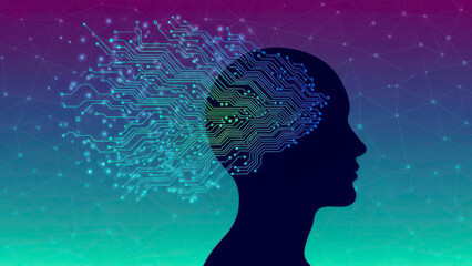 Artificial Intelligence Concept with Circuit Board Brain in Human Head Silhouette