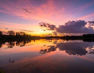 Obraz premium Vibrant sunset reflecting on tranquil lake surface, creating a serene scene.