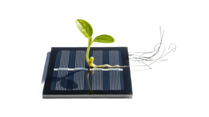 Green Energy Concept: Young Plant Sprout Growing from Miniature Solar Panel isolated PNG with Transparent Background