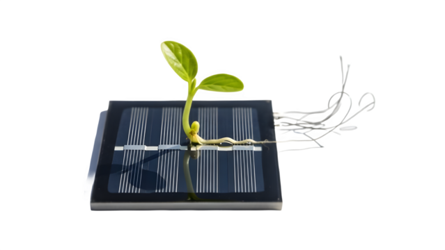 Green Energy Concept: Young Plant Sprout Growing from Miniature Solar Panel isolated PNG with Transparent Background - Powered by Adobe