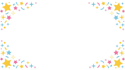 きらきらと輝くような星やポップな紙吹雪の幾何学模様が楽しいフレーム素材です。わくわくする明るい色彩は、パーティーの案内や子供向けのメッセージカードに最適。希望や幸福感あふれるデザインが、大切な言葉を彩ります。