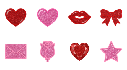 Valentine Love Glitter Set featuring Hearts, Lips, Bow, Envelope, Rose, and Star with Pink Red Sparkle Texture