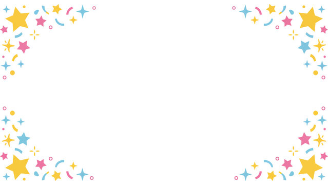 きらきらと輝くような星やポップな紙吹雪の幾何学模様が楽しいフレーム素材です。わくわくする明るい色彩は、パーティーの案内や子供向けのメッセージカードに最適。希望や幸福感あふれるデザインが、大切な言葉を彩ります。