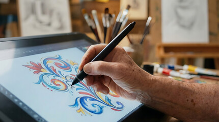 Close up of elderly artist hand drawing digital illustration on graphics tablet in art studio