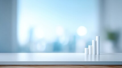 Obraz premium Minimalist white cylindrical objects arranged in ascending order on a sleek surface with a blurred background showcasing a modern workspace ambiance