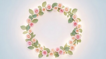 Graceful Circular Floral Wreath Adorned with Delicate Pink Roses and Green Leaves, Emitting a Soft Luminous Glow