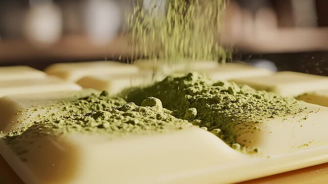 Green Tea Powder Being Poured on White Chocolate Bar Close Up