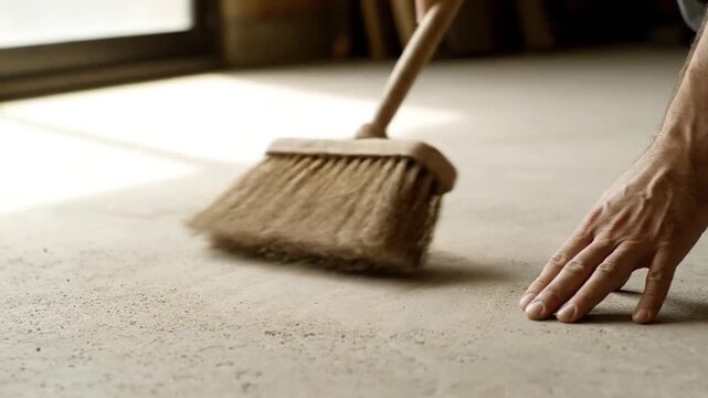 A cinematic low-angle video clip of a person sweeping a dusty concrete floor with a traditional wooden broom.