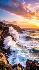Obraz premium A rocky coastline with waves crashing against the shore at sunset (1)