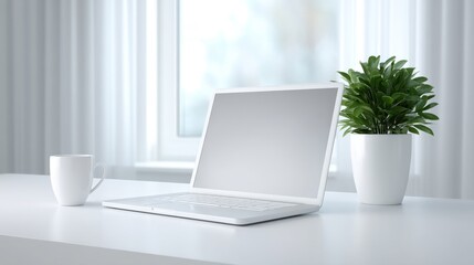 Modern workspace with a white laptop, coffee cup, and green plant on a minimalistic desk near a large window with soft natural light