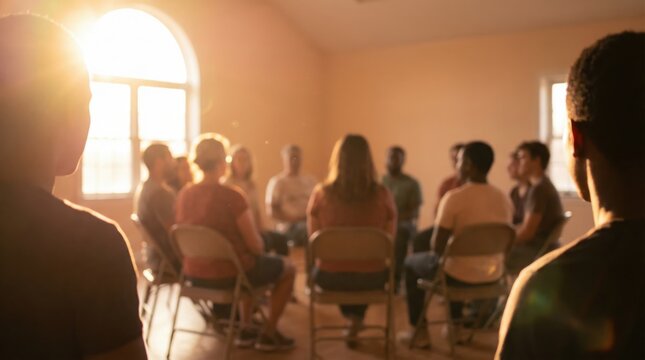Support group therapy session in warm sunlit room with dramatic atmosphere