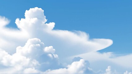 Bright blue sky with fluffy white cumulus and a large, soft, wing-shaped cloud