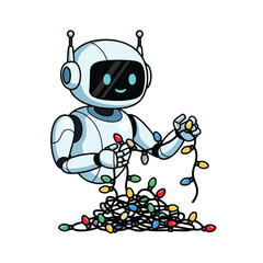 A robot tangled in Christmas lights with a cheerful expression