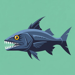 Obraz premium A menacing deep-sea fish with sharp teeth and piercing yellow eyes, side view, against a calming green background, vector illustration