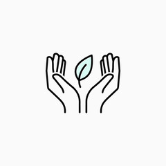 Obraz premium Hands Holding Green Leaf Icon Representing Nature Care, Environmental Protection, and Sustainability