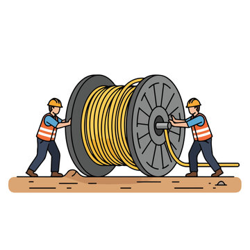 Two workers rolling large spool of yellow cable on ground