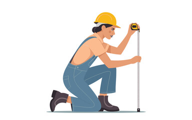 Construction worker measuring distance with a tape measure while crouching on a construction site viewed from the side