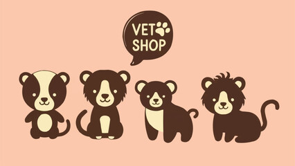 Naklejka premium Cute cartoon animals in front of a vet shop sign illustration.