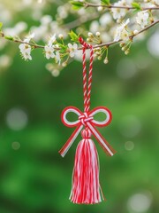 A delicate martenitsa charm hanging on a branch with white spring blossoms