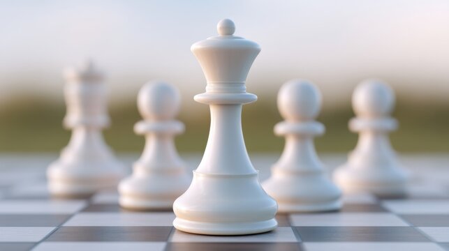 Close-up of a white king chess piece surrounded by pawns on a chessboard with a soft blurred background emphasizing strategic gameplay and competition
