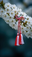 Delicate white cherry blossoms with a traditional red and white martenitsa celebrating spring's arrival