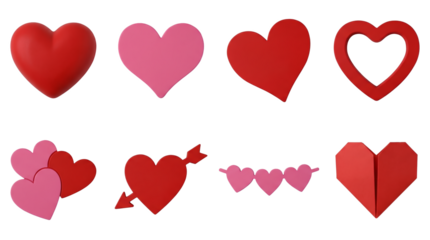 Valentine Love Heart Symbol Collection with Arrow Origami Garland and Frame in Realistic Red Pink Style