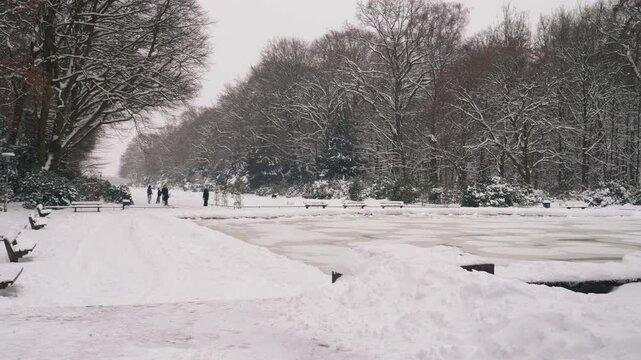 Footage of heavy snowfall in Hamburg City Park