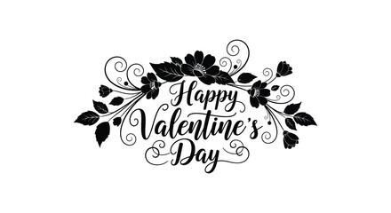 Elegant floral valentine s day design with decorative swirls and handwritten typography as a dark silhouette