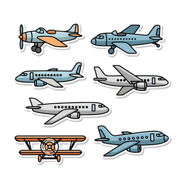 A set of seven cartoon airplanes in various colors