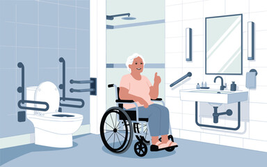 Elderly woman in wheelchair waving in a bathroom with grab bars and accessible toilet from a front viewpoint