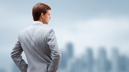 Young professional man in a light gray suit looking at a blurred city skyline, embodying ambition and success in a corporate environment