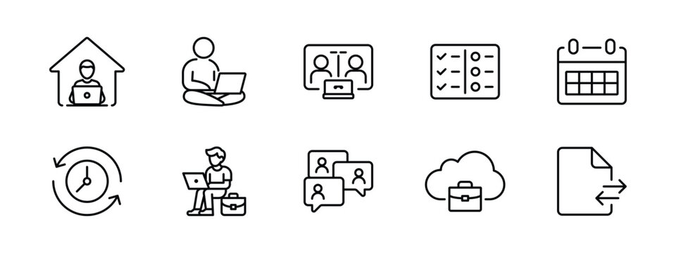 remote work and freelancing outline icon set laptop meeting task calendar time tracking