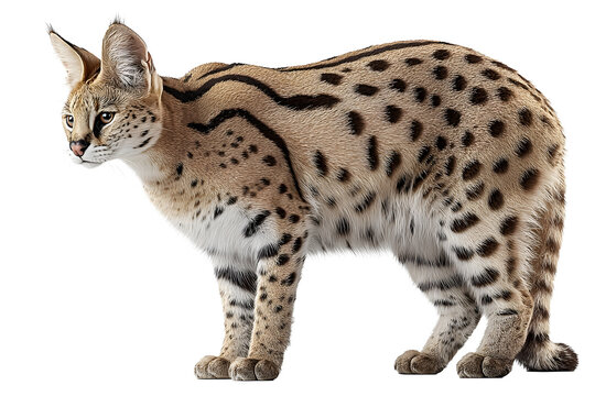 Extreme side view full body shot of a perfect looking serval isolated on a white transparent background