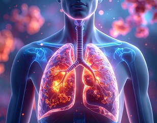 A digital illustration of a human torso with visible lungs and trachea