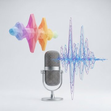 Microphone capturing colorful sound waves in a digital environment.