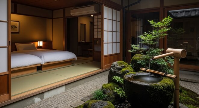 A bedroom opening to a private courtyard with a tsukubai (stone water basin), water dripping slowly, captured with a slow shutter speed to create a silky water effect.