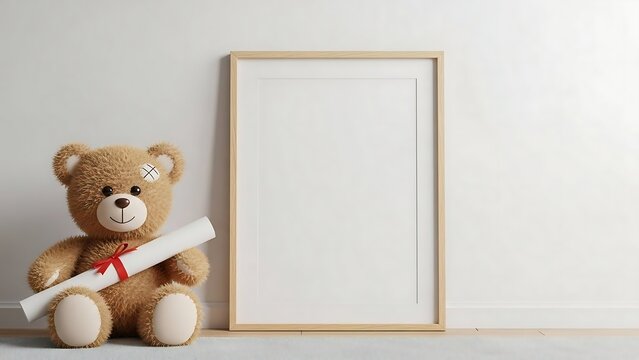 Brown teddy bear holding diploma frame.
