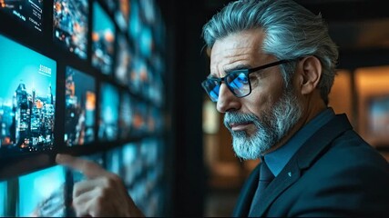 A thoughtful businessman analyzing data on a digital screen. - Powered by Adobe