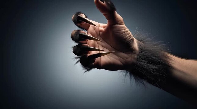 Close-up of monster hand with sharp claws on dark background