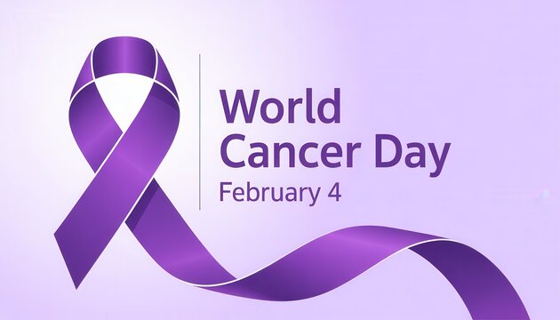 World Cancer Day Awareness: A vibrant purple ribbon gracefully forms a loop, symbolizing unity, support, and hope in the fight against cancer, with the date February 4 prominently displayed.