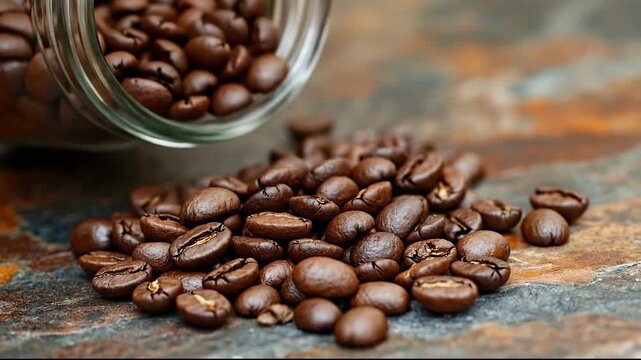 A close-up of spilled coffee beans from a jar on a rustic surface.