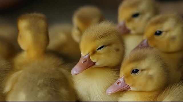 A close-up of adorable, fluffy yellow ducklings huddled together.