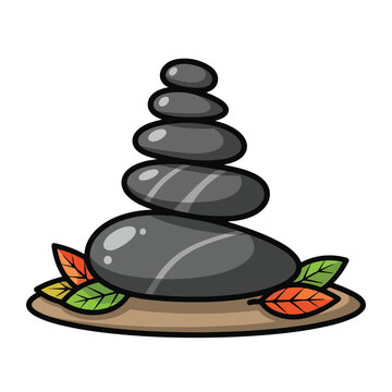 A stack of smooth gray stones on a brown base with colorful leaves