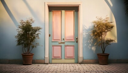 Pastel door framed by plants against a textured, light-washed wall