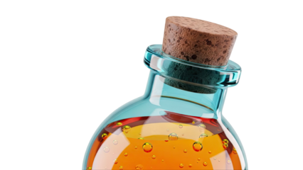 Glass bottle with cork stopper filled with orange liquid and bubbles