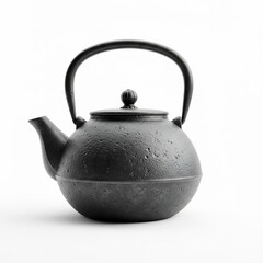Traditional cast iron teapot with textured surface and water droplets.
