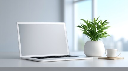 Fototapeta premium Modern Workspace with Laptop, Potted Plant, Coffee Cup, and Notepad on Minimalist Desk in Bright Room with Natural Light Streaming Through Window