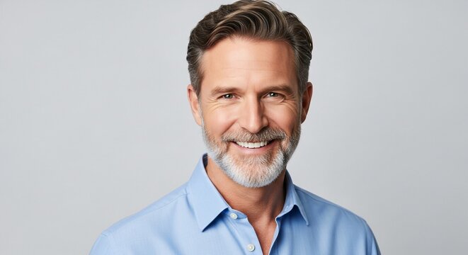 Close-up of a cheerful middle-aged man with gray hair and beard wearing a light blue shirt smiling confidently against a plain gray background for professional and business use